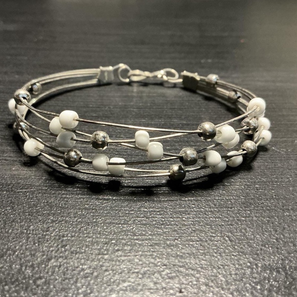 Silver Tone Multi Strand Wire Cuff Bracelet White Seed and Silver Beads Boho